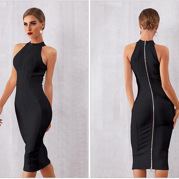 Nude Halter Bandage Bodycon Midi Cocktail Dress - Picture 3 of 11